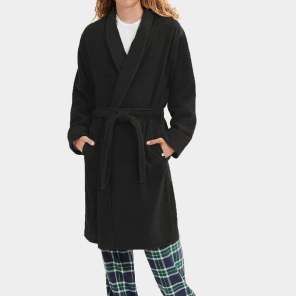 NWT UGG MEN'S TURNER TERRY RIBBED PLUSH‎ BATH ROBE BLACK M/L - Picture 1 of 8